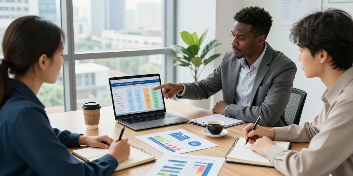 Team discussing affordable business energy deals 2026 in a bright, modern office setting with charts and laptops.