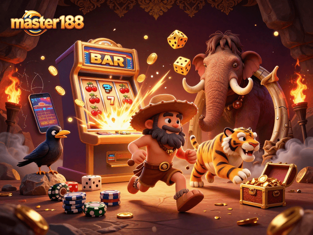 Experience thrilling adventures with master188 in a vibrant prehistoric casino scene!