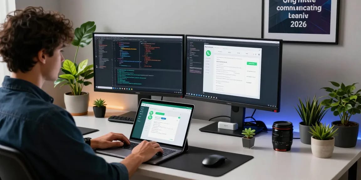 Using WhatsApp網頁版 on a modern workspace with tech gadgets and vibrant plants