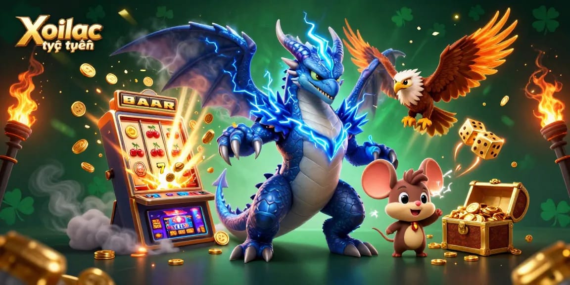 Xoilac trực tuyến celebrates wins with a thrilling 3D digital casino scene featuring epic characters and dynamic game elements.
