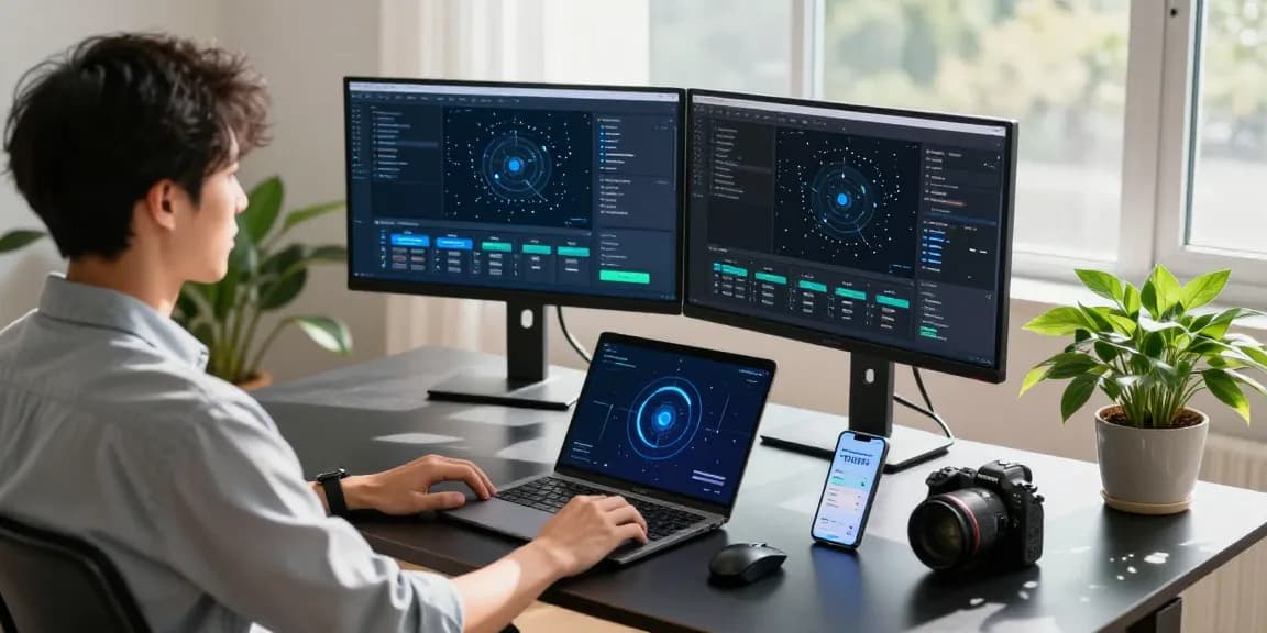 快连 network acceleration solutions displayed in a modern tech workspace with vibrant visuals.