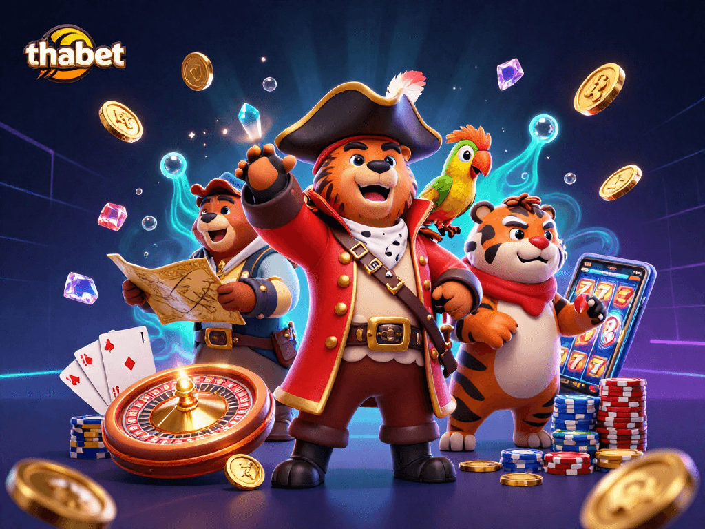 Engage in thrilling adventures at thabet with a casino-themed illustration featuring lively characters and game elements.