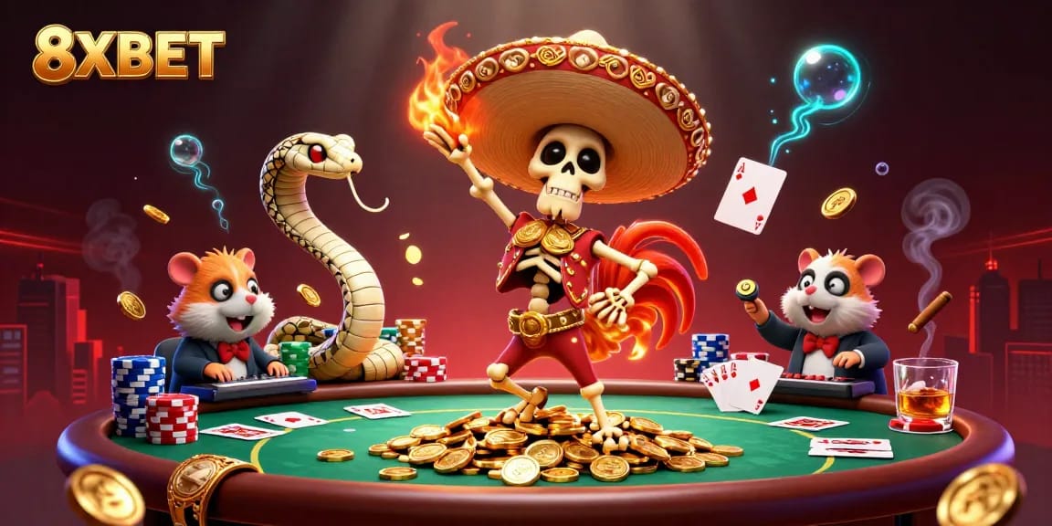 Join the excitement at 8XBET with a vibrant victory scene featuring colorful characters and poker elements.