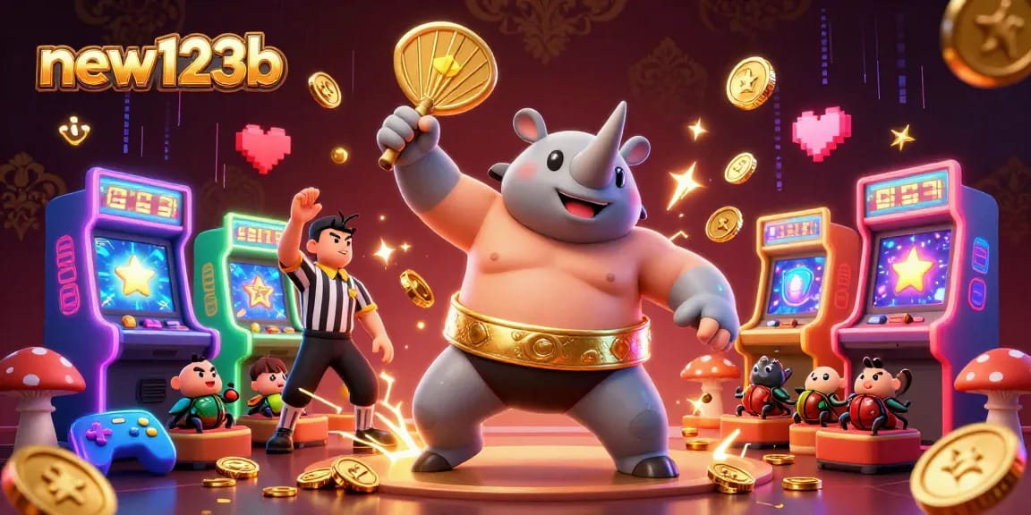 Experience excitement at new123b with a beetle champion stomping coins in a dazzling casino scene.