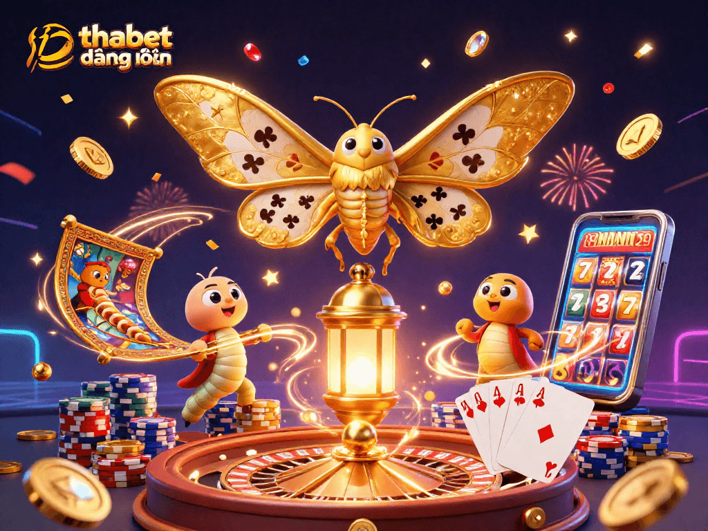 Experience thabet đăng nhập with vibrant casino scenes and captivating golden motifs in a whimsical design.