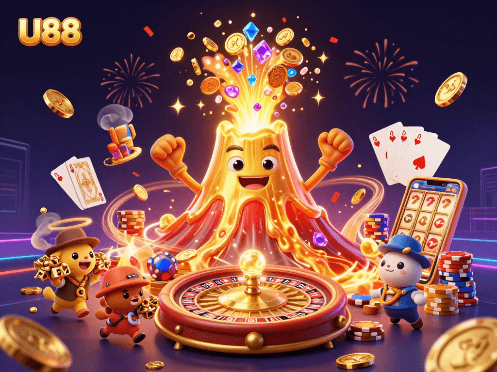 Engage in thrilling casino action at U88 with a vibrant scene of golden treasures and games.