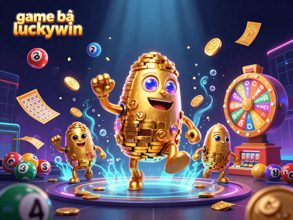 Engage in exciting game bài luckywin with vibrant lottery balls and a golden golem in action.