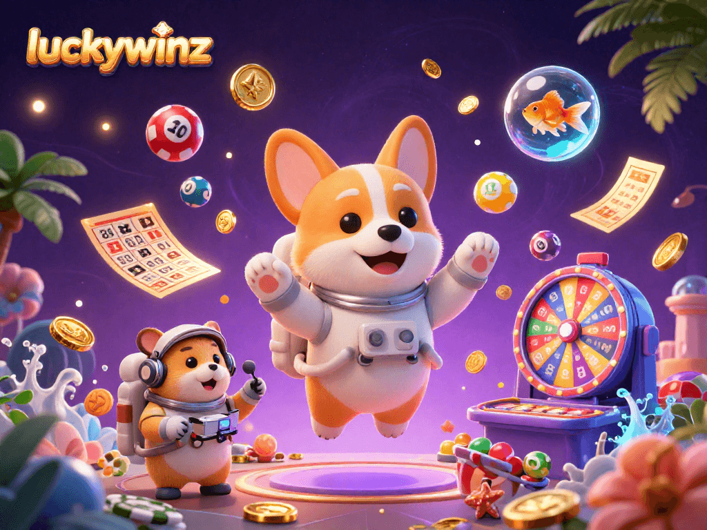 Experience the thrilling world of gambling with luckywinz, where a playful corgi investigates a cosmic casino.