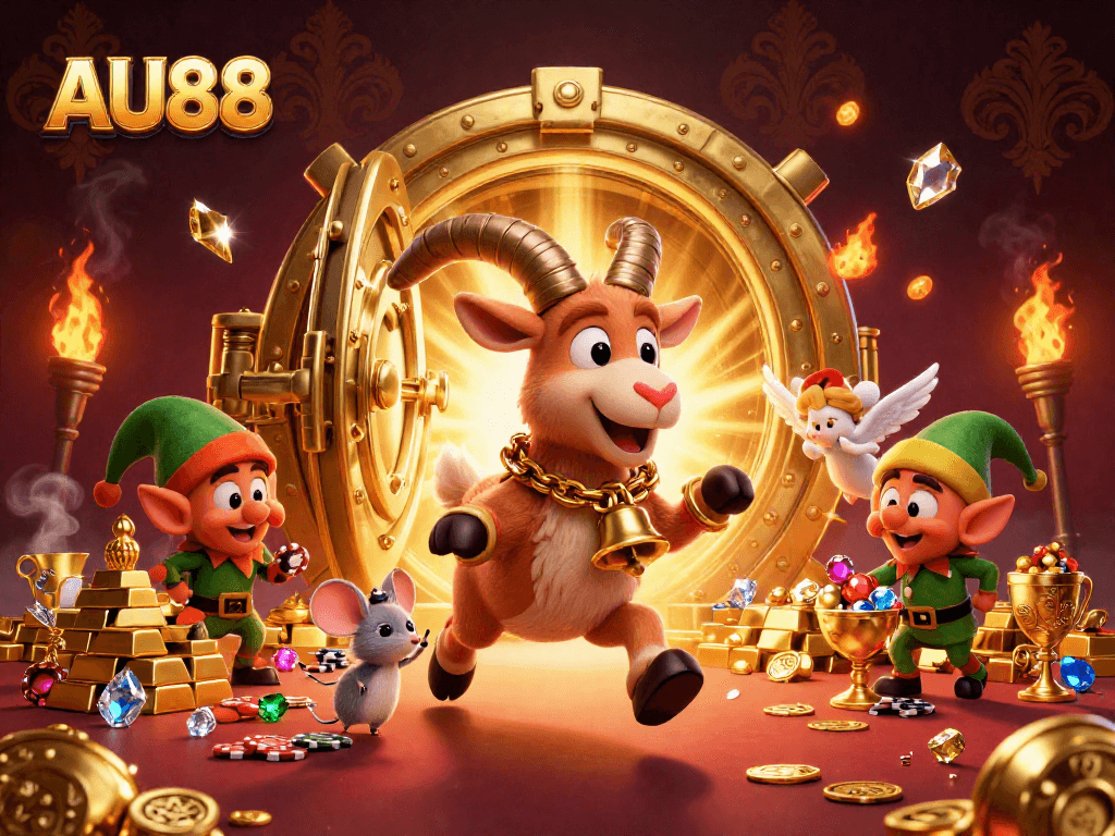 Experience high-stakes gaming at AU88 with festive characters amid dynamic casino elements.