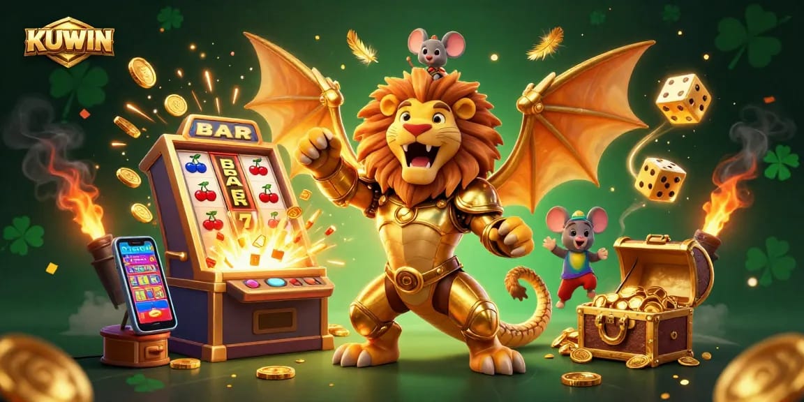 KUWIN brings excitement to players with a golden chimera, slot machines, and glowing dice in this vibrant casino scene.