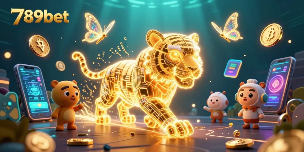 Engage with 789bet through a vibrant scene featuring a neon golden tiger and crypto elements in a digital casino.