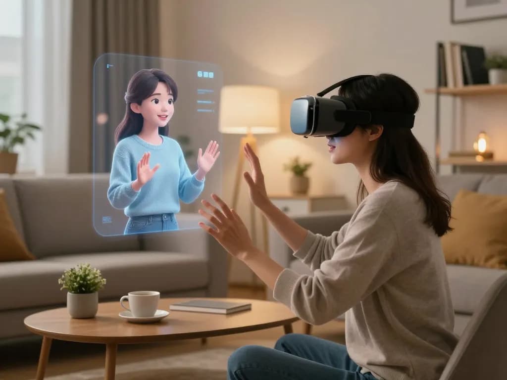 Engaging virtual reality scene showcasing an interactive ai gf experience within a cozy home setting.