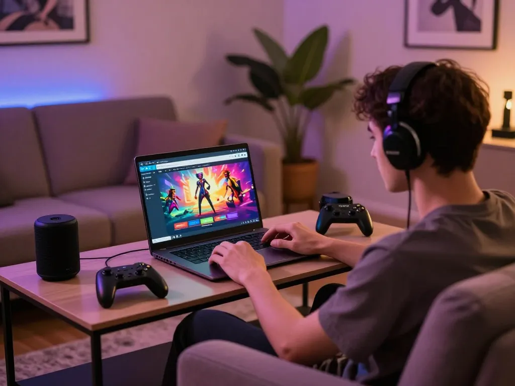 Engaging moment playing html porn games in a cozy gaming lounge with ambient lighting.