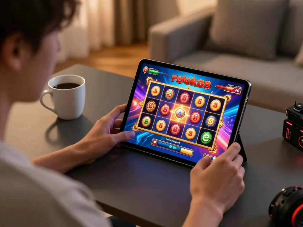 Terlibat dalam permainan slot rokok88 yang mendebarkan di tablet dalam suasana rumah yang nyaman.