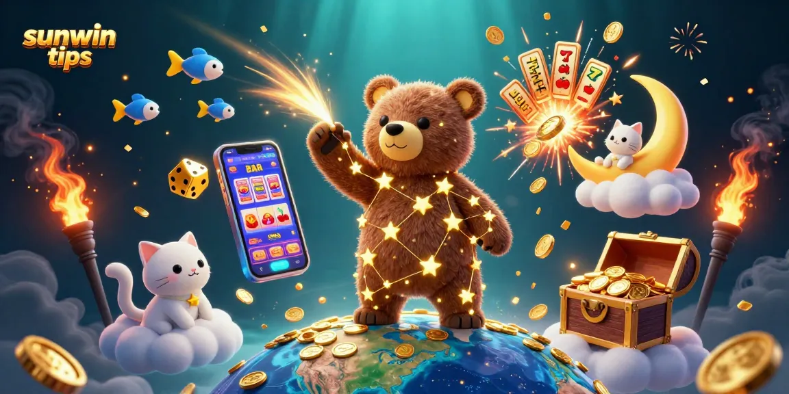 Engage with sunwin tips to win big at slots, featuring dazzling 3D bear, coins, and jackpot excitement.
