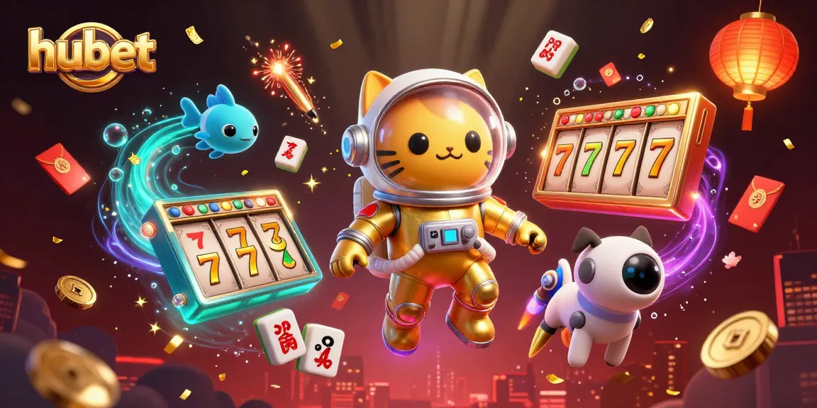 Play exciting slots at hubet with a cat astronaut and robot dog amid golden star dust.
