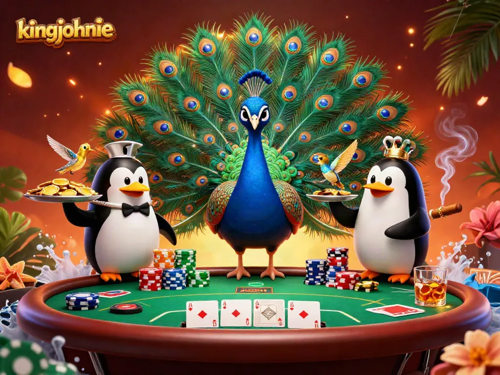 Master blackjack with kingjohnnie, featuring a vibrant peacock and intricate poker elements.