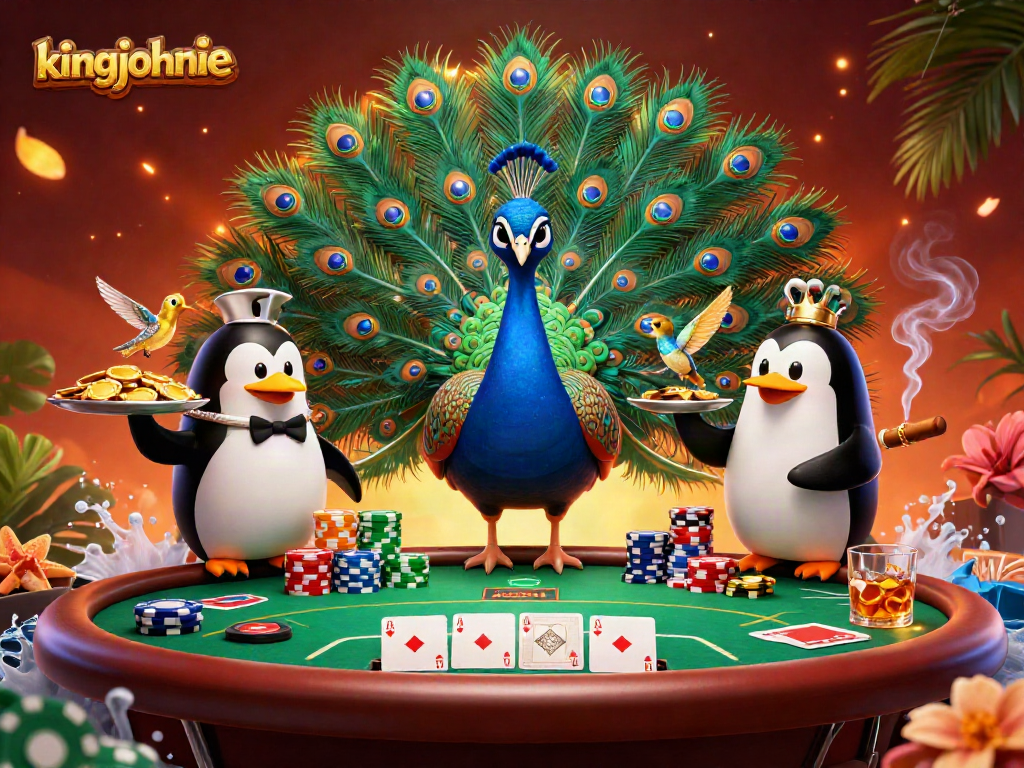 Master blackjack with kingjohnnie, featuring a vibrant peacock and intricate poker elements.