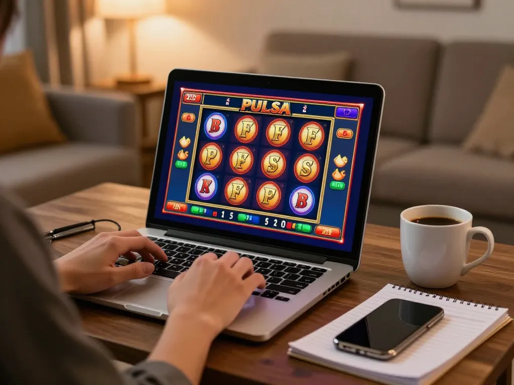 Engaging player enjoying slot pulsa gameplay on a laptop in a cozy home setting.