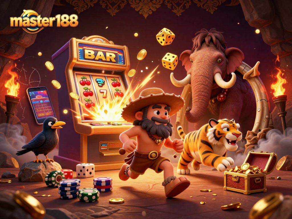 Experience thrilling adventures with master188 in a vibrant prehistoric casino scene!