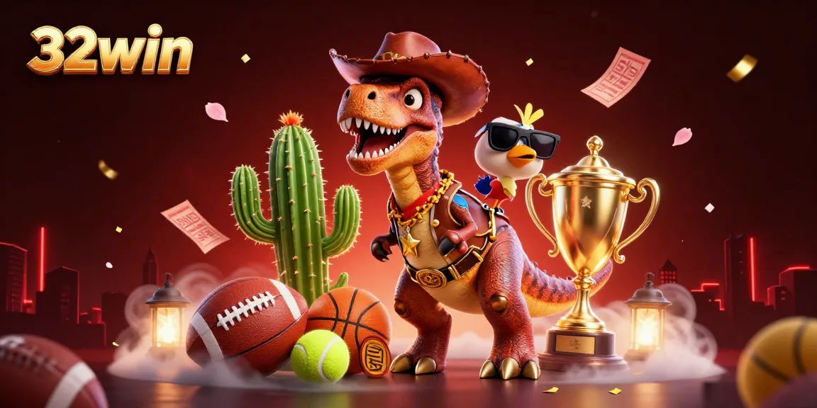 Engage in sports betting excitement with 32win featuring dynamic characters, trophies, and vibrant action elements.