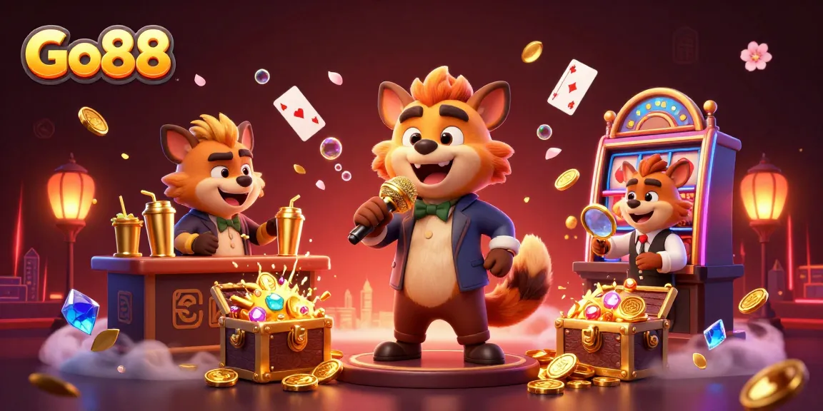 Experience laughter and excitement at Go88's comedy casino scene with animated hyenas and vibrant gaming elements.