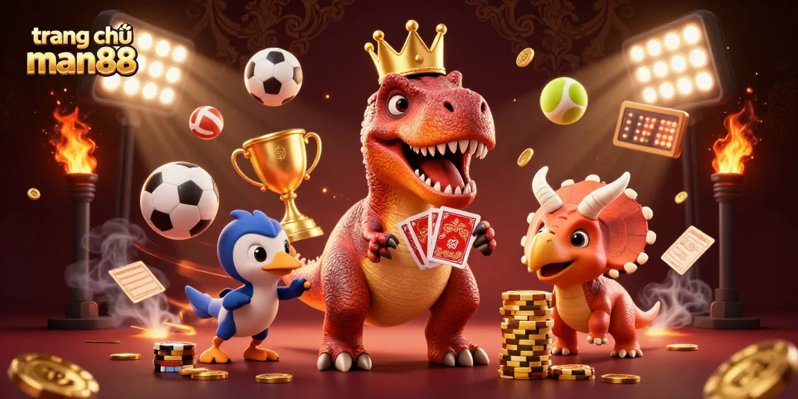 Experience fun at trang chủ man88 with a lively casino scene featuring a T-Rex, cards, and golden chips.