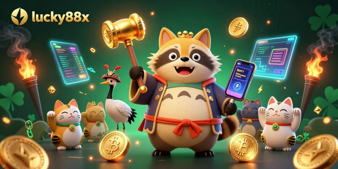 Play lucky88x slots featuring a tanuki and samurai crane in a vibrant casino-themed illustration.