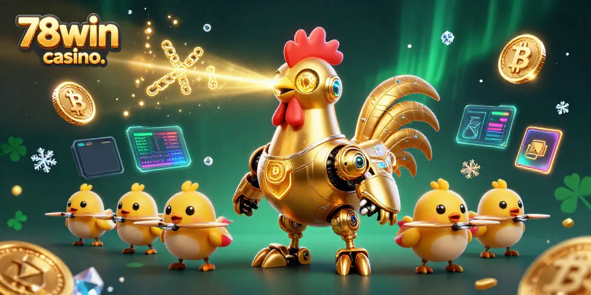 Experience the excitement of 78win casino. with a futuristic golden rooster robot amid crypto elements in a dynamic scene.