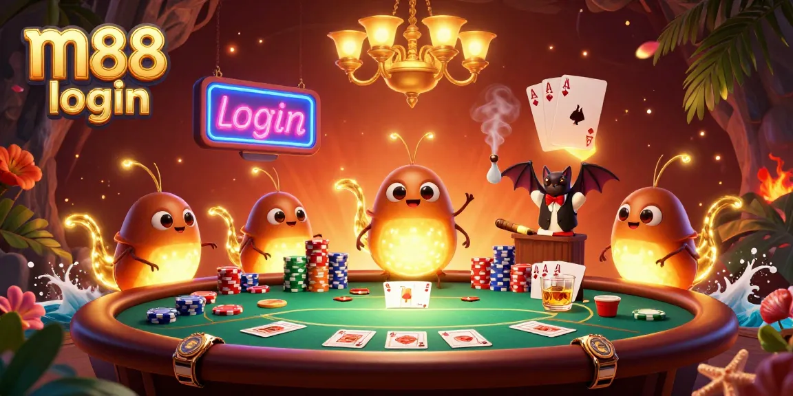 Play exciting card games and m88 login in a vibrant casino atmosphere with colorful glowworms.