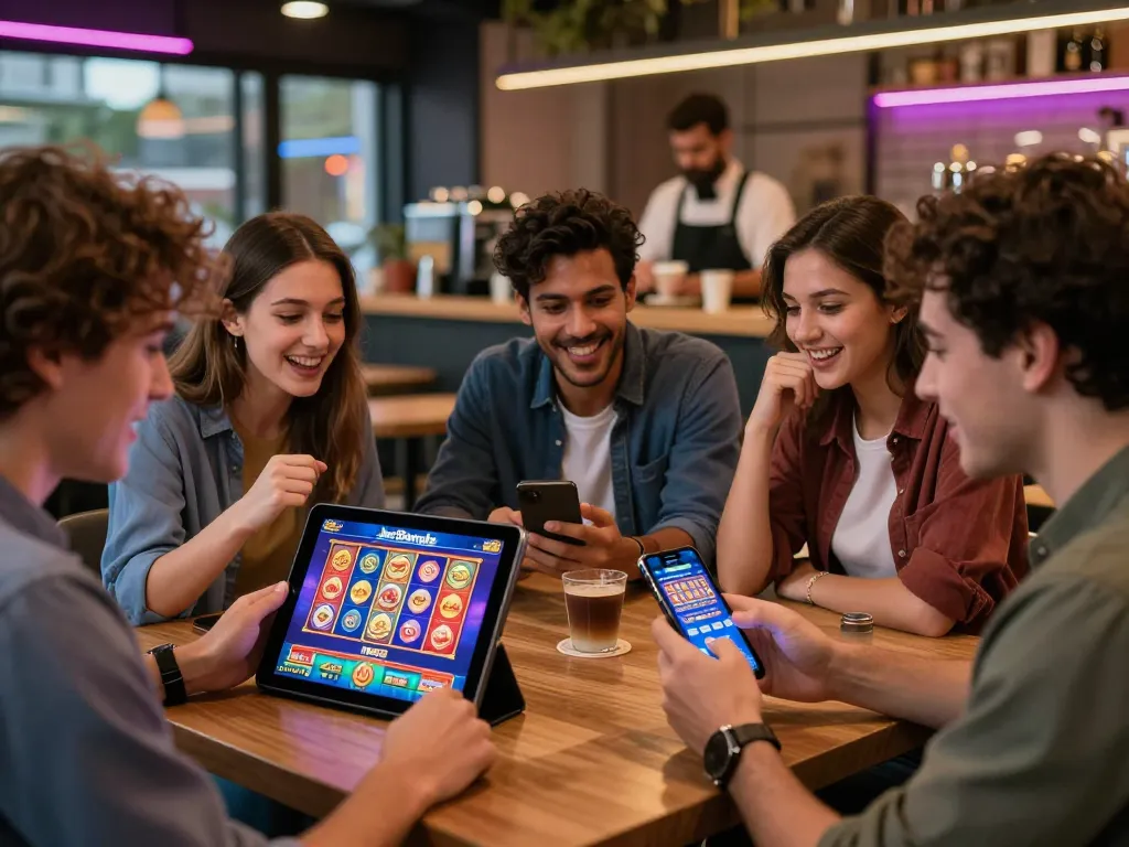 JeetBangla sign up scene with players excitedly exploring the gaming app in a lively café