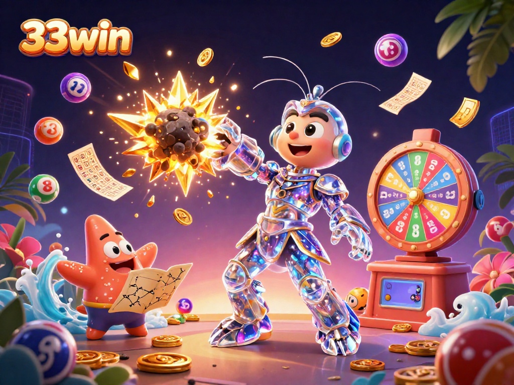 Experience the thrill of 33win with a vibrant 3D scene of fortune, gems, and lottery excitement!