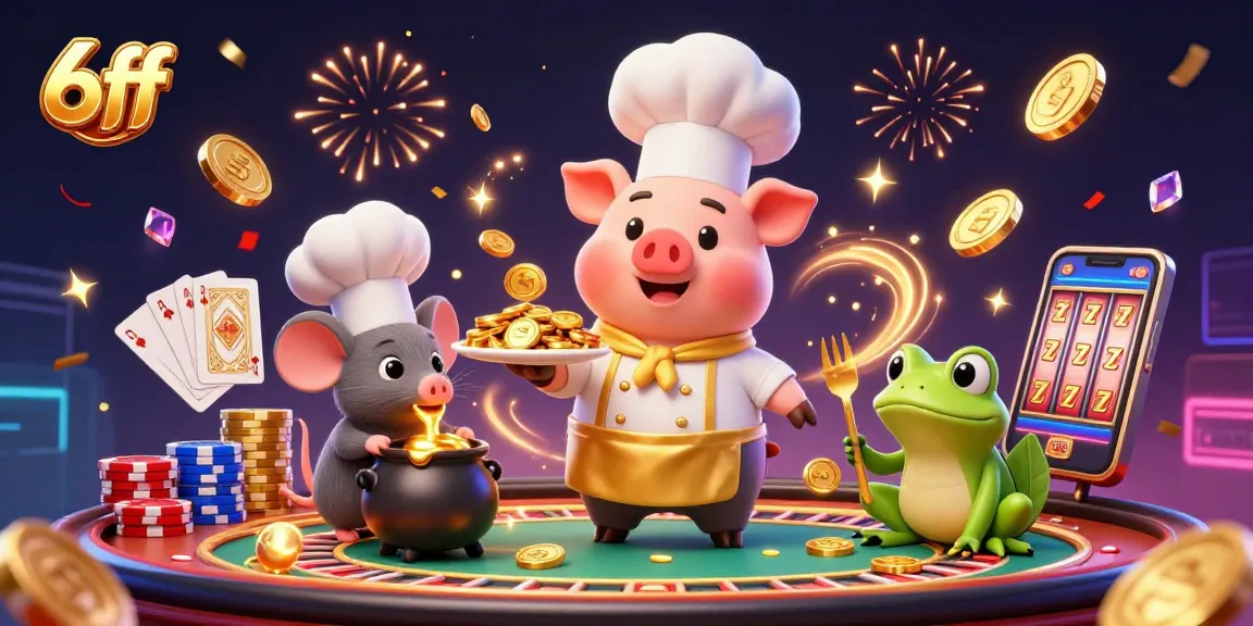 Experience thrilling live casino action with 6ff, featuring golden coins, roulette wheel, and vibrant characters.