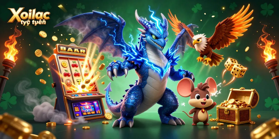 Xoilac trực tuyến celebrates wins with a thrilling 3D digital casino scene featuring epic characters and dynamic game elements.