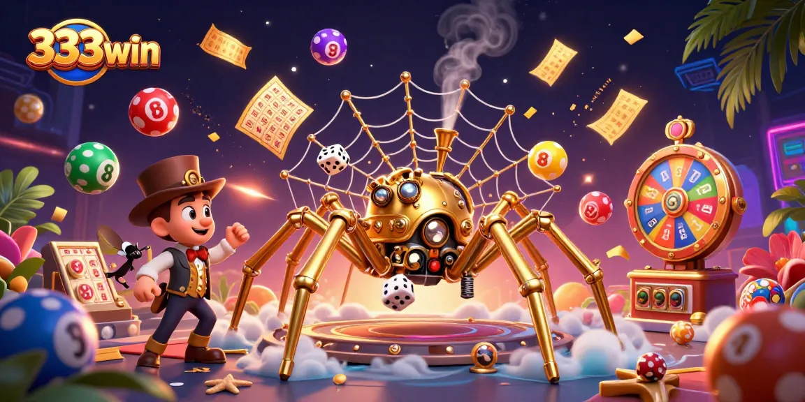 Engage in the thrilling world of 333win, capturing colorful lottery balls in a dynamic steampunk casino scene.