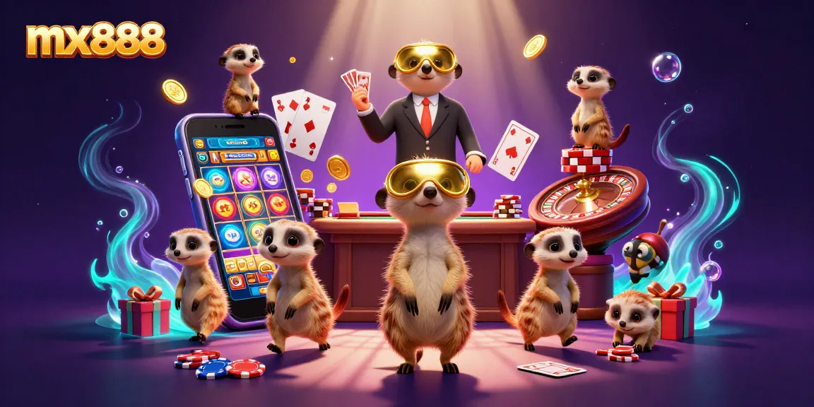 Experience the excitement of mx888 with a playful meerkat casino scene showcasing fun games.