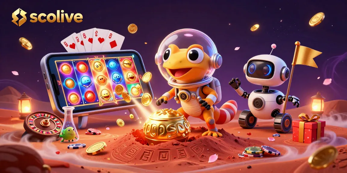 Socolive showcases a Martian gecko exploring a shimmering casino, symbolizing online gambling adventures.