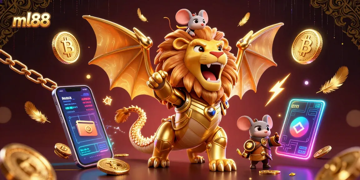 Engage with ml88's thrilling gaming universe featuring a roaring chimera and crypto elements.