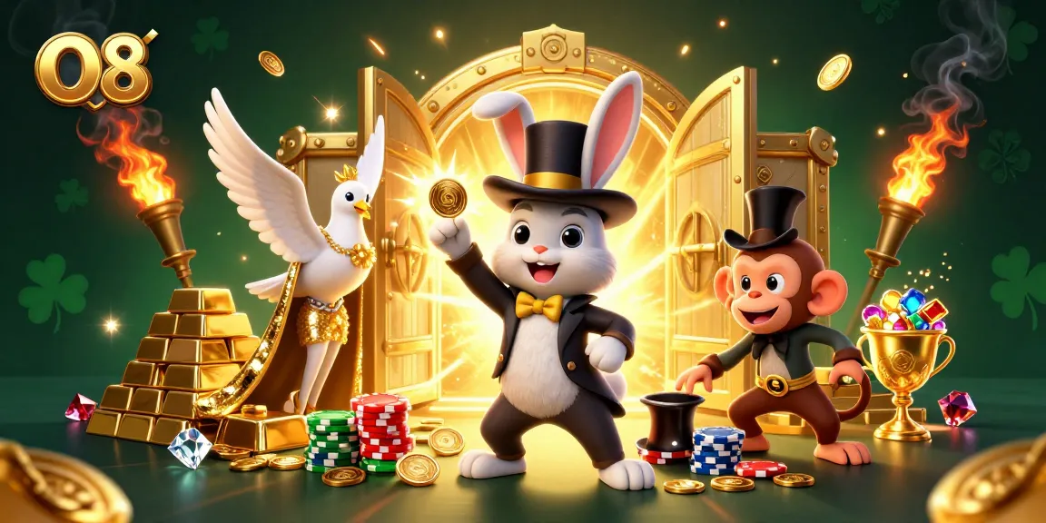 Play games and win with O8 as the magician reveals golden coins amidst a vibrant casino scene.