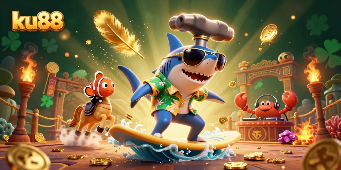 Engage with ku88's exciting casino adventure featuring a shark, clownfish, and crab in vibrant action.