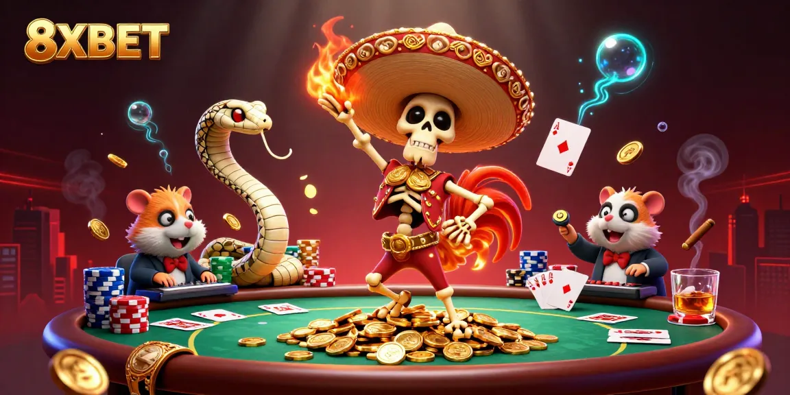Join the excitement at 8XBET with a vibrant victory scene featuring colorful characters and poker elements.