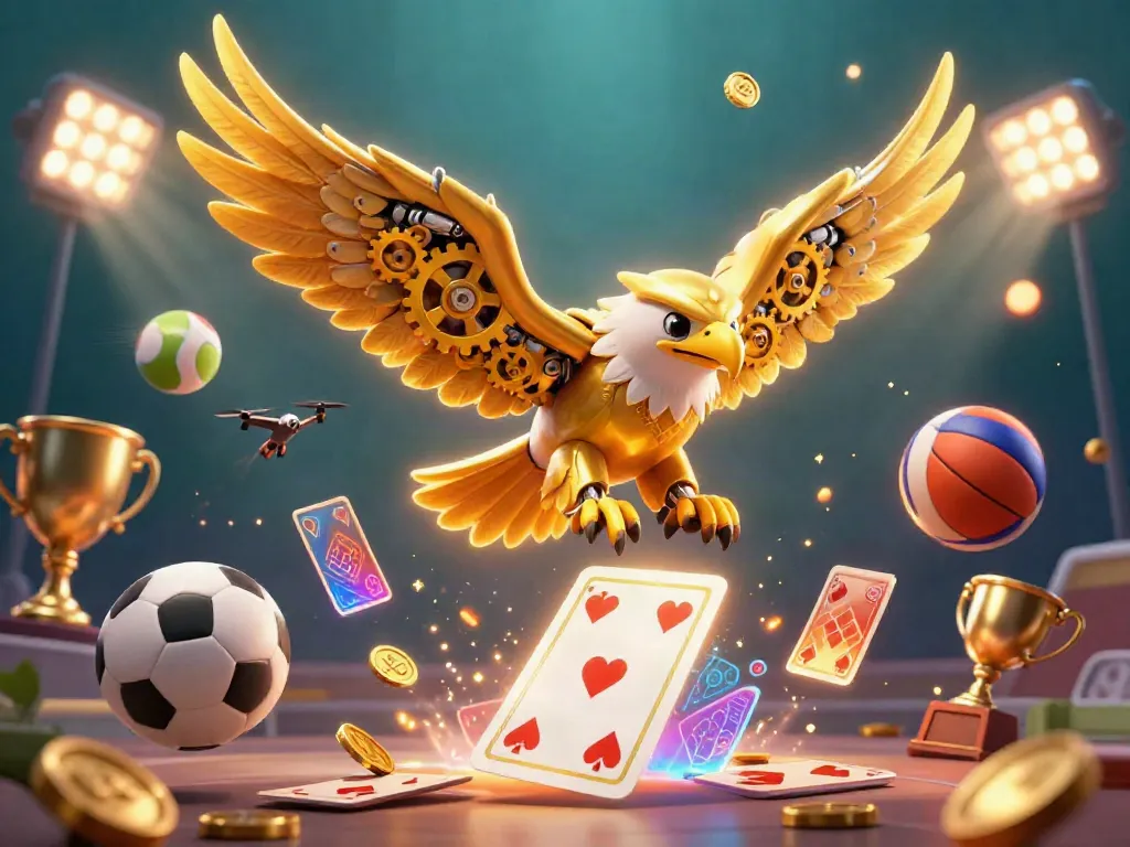 Experience thrilling moments at nhà cái 8kbet with a cybernetic eagle surrounded by sports elements.