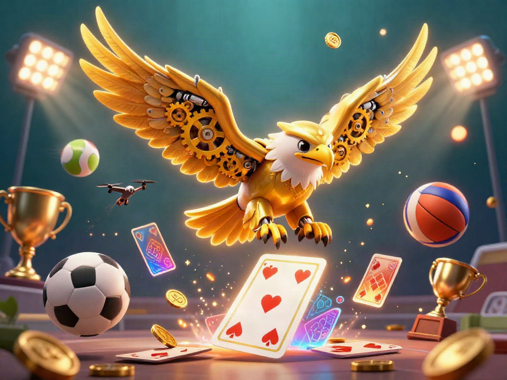 Experience thrilling moments at nhà cái 8kbet with a cybernetic eagle surrounded by sports elements.