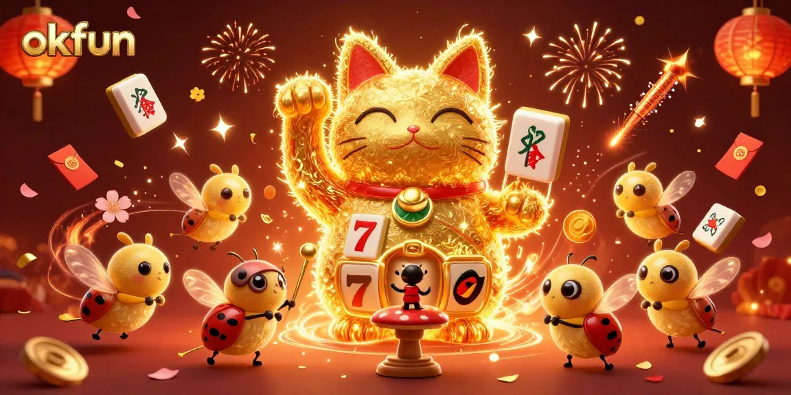 Engage in thrilling gaming experiences at okfun with a lucky cat surrounded by festive symbols and casino games.