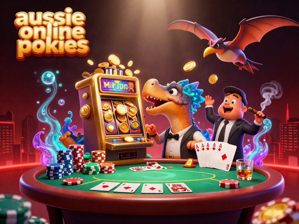Exciting scene depicting aussie online pokies with a dinosaur winning at a slot machine surrounded by poker elements.