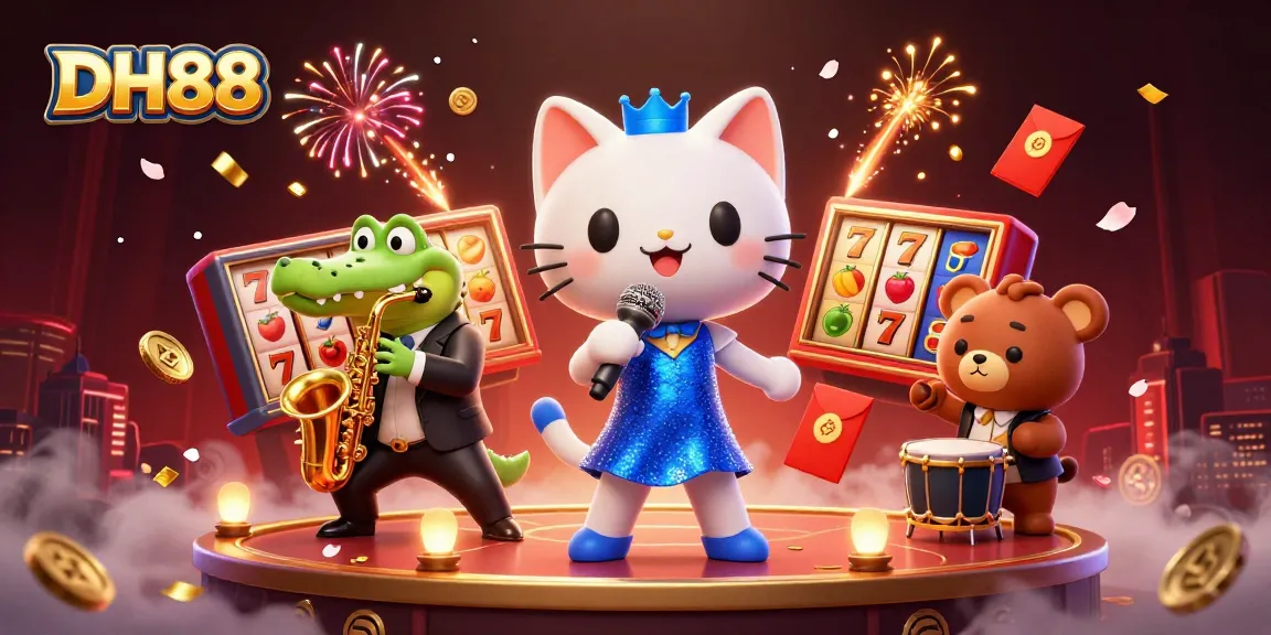 Experience thrilling gameplay at DH88 with a colorful cartoon scene featuring lively cats and casino elements.