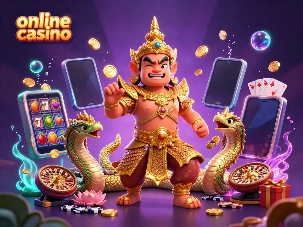 Experience the thrill of an online casino with vibrant slot games and dynamic characters.