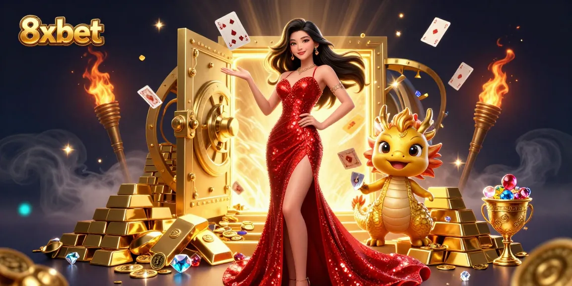 Experience the vibrant allure of 8xbet with a stunning Asian lady and gold treasures in this casino art.