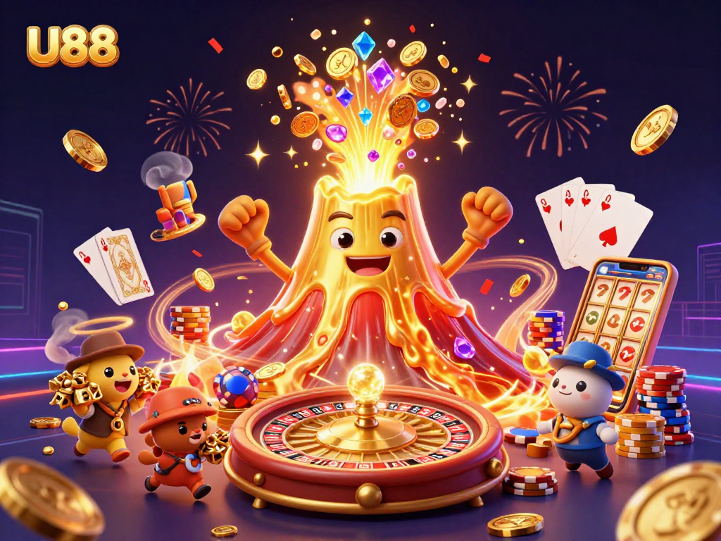 Engage in thrilling casino action at U88 with a vibrant scene of golden treasures and games.