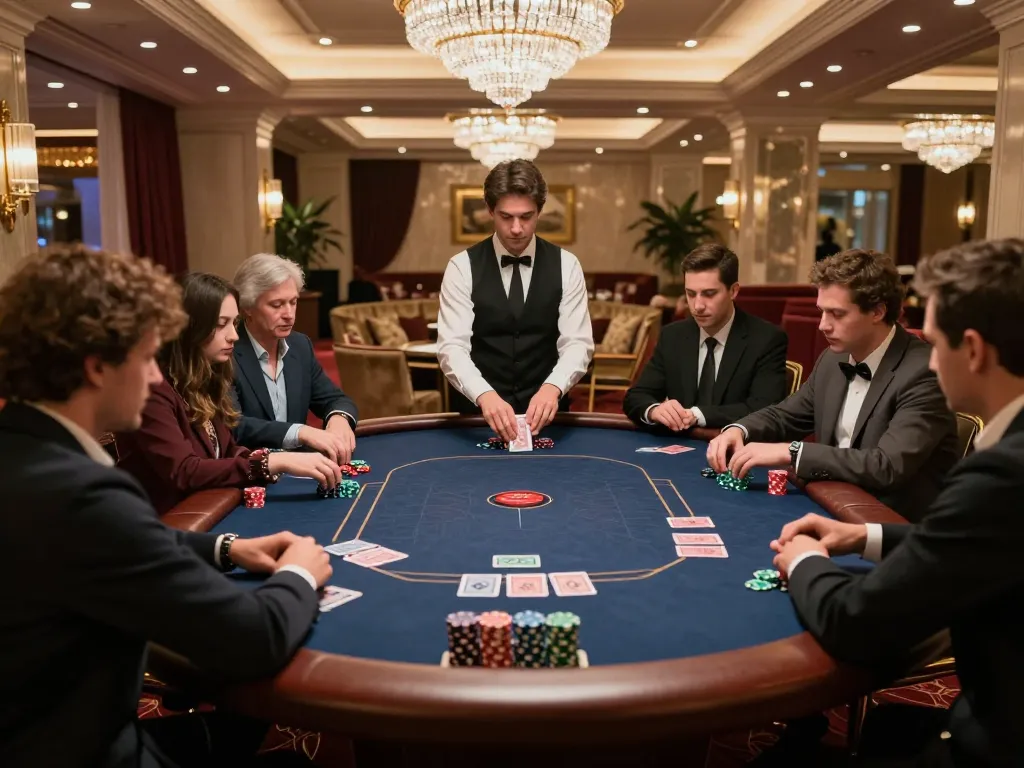 Players strategizing at a VIP poker table in the 98win club, showcasing high-stakes excitement and luxury.